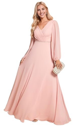 Ever-Pretty Robe Témoin de Mariage Double V-Col Mousseline Manches Longues A Line Plissé Brillante Robe Longue Soiree Gala Rose 42