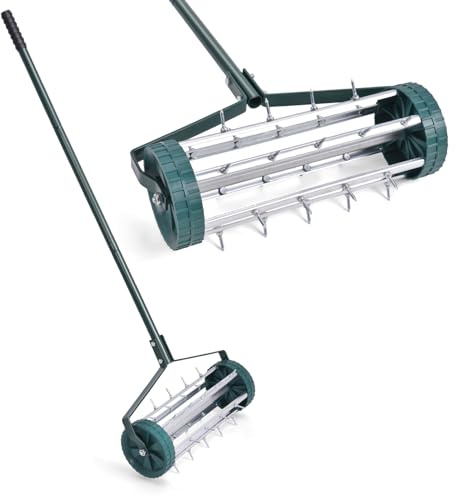 GYMAX Lawn Aerator, 17inch Heavy Duty Rolling Aerator with Sharp Spikes & Anti-Slip Handle, Push Grass Aerator for Lawn, Garden, Yard, Manual Aerator Tool (Basic)