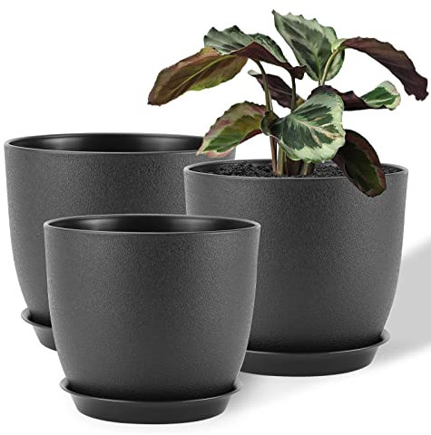 FORAGIFT Vasi per Piante da Interno di 25/23/20 cm - Set di 3 con Fori di Drenaggio e Sottovaso, Plastica Decorativa Moderna Nero