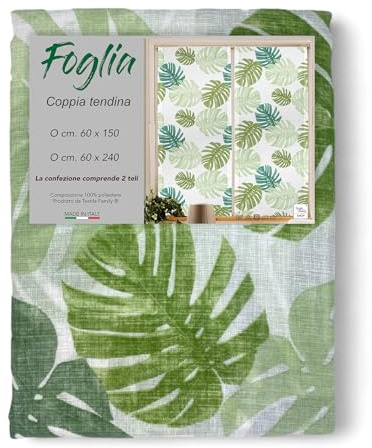 Tex family Coppia TENDINA a vetro FOGLIA VERDE larga cm. 60 da Finestra e da Porta - COPPIA (2 TELI) CM. 60X240