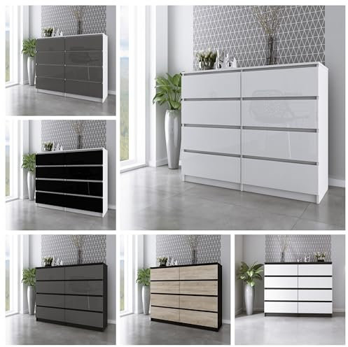 Faizee Möbel Schubkastenkommode Zoe 120-8 Schubladenkommode (Weiß Hochglanz, Korpus: Schwarz)