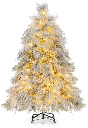 GYMAX 146 cm Albero di Natale Innevato con 150 Luci LED Bianche Calde, 279 Punte in PVC e PE, Decorazione Natalizia Ideale, Folto e Realistico, Base Pieghevole in Metallo, Montaggio Facile