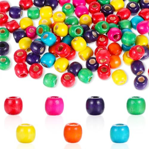 Andibro 200 Stück Holzperlen,Bunt Holzperle mit großem Loch holzperlen zum auffädeln Farbig bastelnperlen für Dreadlocks Haarzopfperlen Natürliche Holzperlen für Herstellung von Schmuck