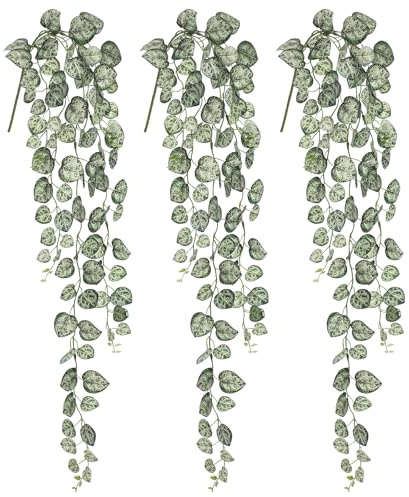 Arborus 3pcs Artificial Trailing Plants 39.3 White String of Hearts Plant Leaves Stems Fake Hanging Plants Indoor Faux Trailing Plant Artificial House Plant for Bathroom Shelf Office Home Decor