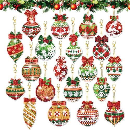 Diamond Painting Schlüsselanhänger, 20Stück Weihnachtsbaum Anhänger 5D Diamond Painting Bastelset Weihnachten, Doppelseitige Weihnachtsbaum Schlüsselanhänger für DIY Basteln Weihnachten