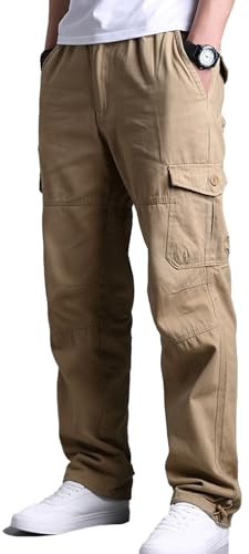 OlmecsHKEU Pantalon Cargo Ete Homme Pantalon de Travail Coupe Droite Taille Elastique Pantalon de Randonnée Kaki L
