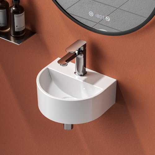 EMKE Small Bathroom Sink Wall Mounted Cloakroom Basin Half Circle Washbasin Ceramic Bathroom Vessel Sink White Corner Sink 300 x 255 x 120mm (LxWxH)