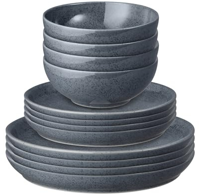 Denby - Dark Grey Speckle 12 Piece Tableware Set - Dishwasher & Microwave Safe, Oven Proof Plate & Bowl Set - Includes 4 x Small Plates, Dinner Plates and Cereal Bowls - Chip Resistant & Durable