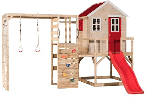 Wendi Toys M22-G Stelzenhaus Holz mit Rutsche, Turnringen, Kletterturm Kinder Outdoor 342×356×242 cm, mit Kletterwand, Leiter, Plattform