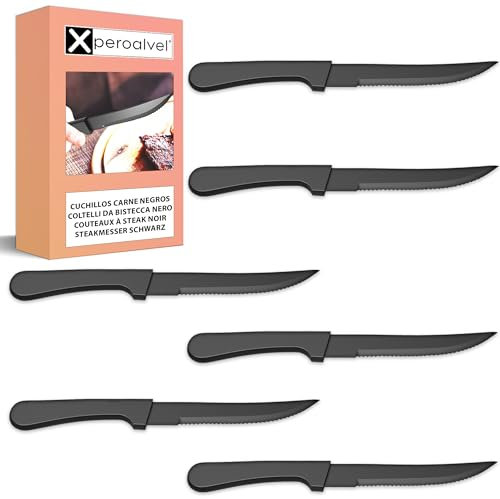 Xperoalvel Coltelli da Bistecca Nero Set 6 Pezzi 22 Cm, Acciaio Inossidabile Serrato, Lavabili in Lavastoviglie