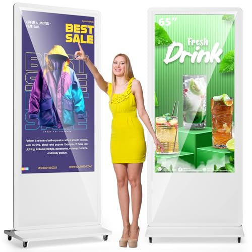 MWE 65 Pollici 4K Touchscreen Monitor Pubblicitario con 4 Ruote, LCD Interattive Digitale Display, Android System, Adatto per Negozio al Dettaglio, Ristorante, Centro Commerciale, Bianco