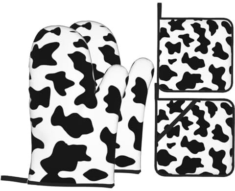 Set di 4 guanti da forno con stampa di mucca bianca e nera, con presine, resistenti al calore, regalo per la famiglia