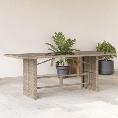 Myheimly Gartentisch, Beistelltisch mit Stahlrahmen, Balkontisch Tisch mit Glasplatte, Esstisch Gartenmöbel Terrasse, Poly Rattan Hellgrau