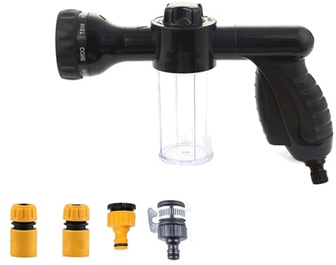 Garden Hose Spray Gun, Adjustable Foam Spray Gun with Soap Dispenser, 8 Patterns High-Pressure Sprayer with Reservoir Ideal for Watering Lawn Car Washing Pet Showering (Black)