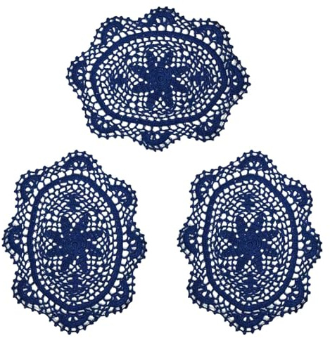 BOMHCS Spitzendeckchen, oval, Blumenmuster, handgefertigt, Häkeluntersetzer, Breite 20,3 cm - 22,9 cm, Länge 27,9 cm - 30,5 cm, Küchentischdeckchen (3, Marineblau), 3 Stück