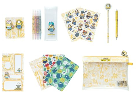 Grupo Erik Minions Schreibwaren Set Mäppchen mit Kugelschreiber | Bleistift mit Radiergummi - Federmäppchen Groß - Büroklammern - 4 Textmarker - Notizzettel Klebend