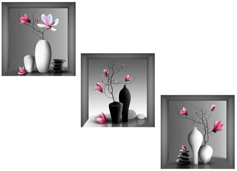 Auriselle 3 pièces 30 * 30CM Motifs de plantes et vases à fleurs Stickers muraux Plantes en pot à fleurs Décoration murale autocollante 3D Feuilles modernes Tableau mural Salon Bureau Hôtel Cuisine