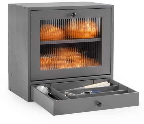 SAYEYBU Contenitore per Pane Legno 2 Livelli con Scomparti, Portapane Appoggio Piano Cucina, Contenitore Grande capacità per Organizzare Pane, Scaffale con Cassetto e Finestra Acrilico,Grigio
