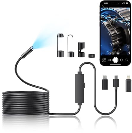 Endoscope Camera with Light, 1920P HD Borescope Camera with 8 Adjustable LED, 5M Semi-Rigid Snake, IP67 Waterproof 8mm Inspection for iOS and Android (Single-Lens)
