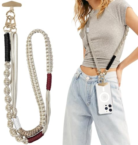 UnnFiko Handykette Universal zum Umhängen,Handyband Abnehmbar für Hülle,Verstellbar kette mit 2 Karabine für alle Smartphones,Hellbraun（ohne hülle）