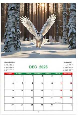 Uggla kalender 2026, uggla månadskalender - jan - dec 2026, djurmönster, planerare för arbetsplats, skola, gym, schemaläggning planering