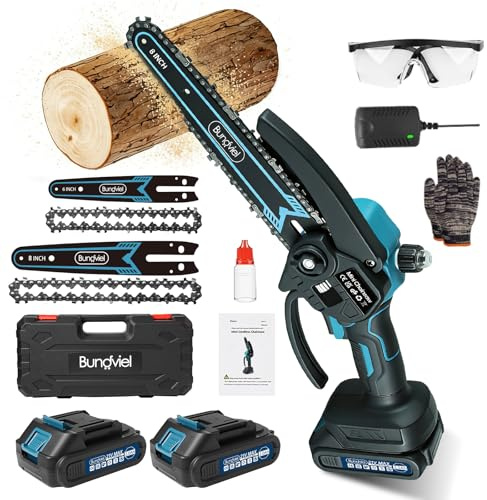 Bundviel Mini Kettensäge Kompatibel mit Makita 18V Akku, Bürstenloser Motor, 2 x 2000mAh,Akku Kettensäge mit 6 & 8 Zoll,mit Automatischer Öler, Handkettensäge Perfekt für Valentinstag,Vatertag