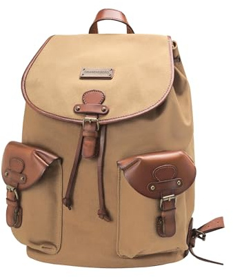 DRAKENSBERG Zaino 'Henrietta' - Zaino classico per escursioni e tempo libero con design vintage retrò, scomparto per laptop da 13, donna, uomo, fatto a mano, 20L, tela, pelle, beige kaki, DR00107
