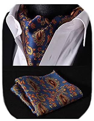 HISDERN Kravatter och herrnäsduk Paisley blommig kravatt bröllopsfest affärer avslappnad Ascot slips och ficknäsduks set, Blå/orange, en storlek