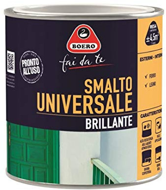 Boero Fai da Te, Smalto Universale Brillante, per Interno/Esterno, Applicabile su Ferro e Legno, Alta Resistenza Atmosferica e Facile Applicazione, Latta da 0,5L, Colore Marrone Castagna