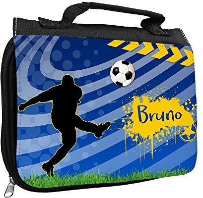 Kulturbeutel mit Namen Bruno und Fußball-Motiv für Jungen | Kulturtasche mit Vornamen | Waschtasche für Kinder