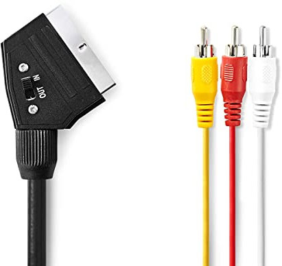 NEDIS SCART-Kabel | SCART Stecker | 3X Cinch-Stecker | Vernickelt | Schaltbar | 480p | rund | PVC | Schwarz | Plastikbeutel 2.00 m 2.00 m