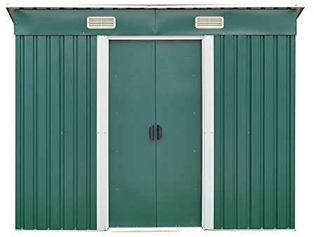 Panana New Pent Roofed Metal Garden Shed with Double Sliding Doors, Zinc Frame Large House Hut Gardening Tool Bike Storage Foundation and Ventilation with free base (Green)
