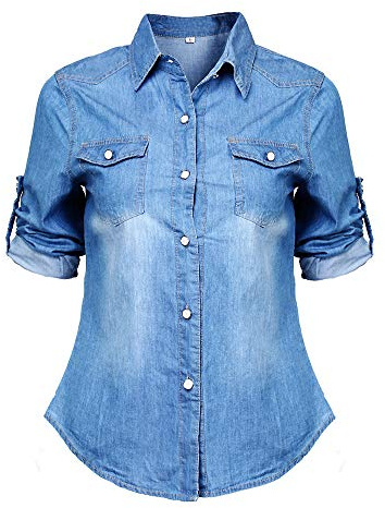 N/AA Women Fashion Long Sleeve Denim Blouses Soft Solid Color Lapel Button Shirt Slim Tops (Blue, L)