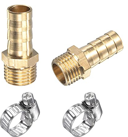 sourcing map Brass Hose Barb Fitting Straight 10mm x G1/4 Male Thread Pipe Connector with Stainless Steel Hose Clamp, Pack of 2