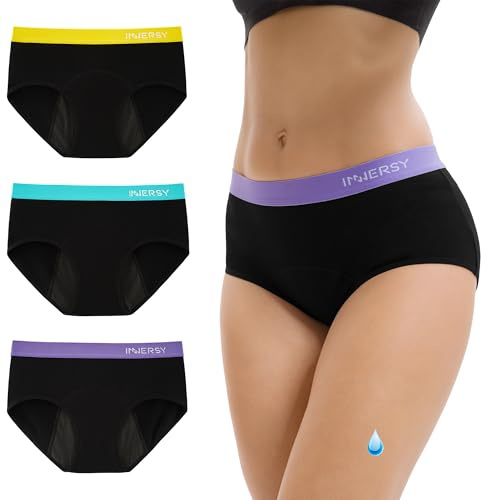 INNERSY Periodenunterschwäsche Leichte Blutung Menstruation Slips 3er Pack | Sportlich Periodenslip Baumwolle, Weiche Menstruation Unterwäsche, Period Panties Waschbar, Auslaufsichere Unterhosen Damen