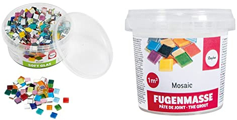 Rayher 14794999 Assortiment de pierres de mosaïque, multicolore, verre souple, transparent, brillant,carrées 1x1cm & 1460100 Pâte à joint mosaique, blanc, 1 pot 500g, surface 3-5 m2