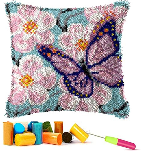 EMISTEM Latch Hook Kits for Adults - Latch Hook Pillow Kits for Kids, Crochet Yarn Kit for Beginners, DIY Needlework Crafts Cover Case with Printed Canvas,(Butterfly in Flowers,17x17 inch)