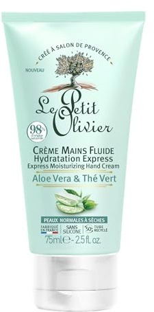 LE PETIT OLIVIER - Crème Mains Fluide Hydratation Express - Aloe Vera & Thé Vert - Hydrate & Rafraîchit - Peaux Normales à Sèches - 98% d'Origine Naturelle - Sans Silicone - Fabriqué en France - 75 ml