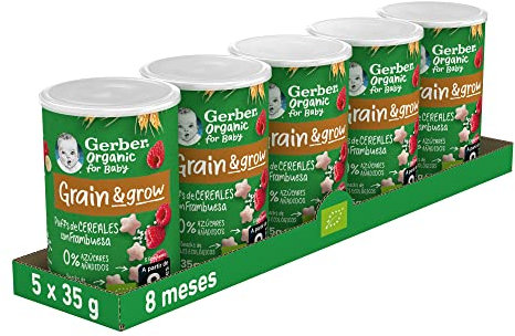 GERBER Organic Puffs Frambuesa y Plátano, Snack de Cereales para Bebés, Latitas 5x35g, a partir de 8 meses