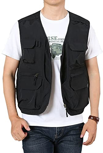 Perbai Men's Black Utility Fishing Vest Outdoor Summer Lightweight Work Photo Safari Cargo Vest, Black, S
