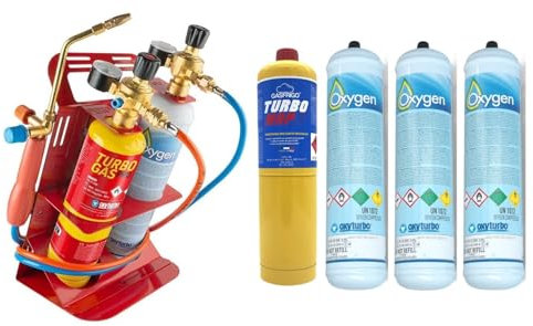 GASFRIGO - Kit cannello saldatura Oxyturbo Turbo set 200 + 3 bombole ossigeno usa e getta 930 ml. 110 bar + 1 bombola turbo mapp (map pro) usa e getta 400 gr. attacco CGA600