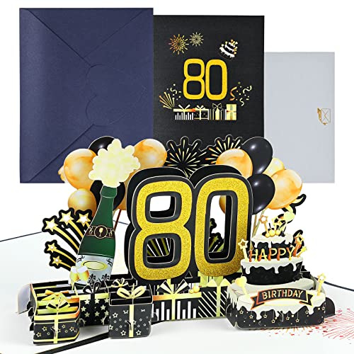 Joyoldelf födelsedagskort till 80-årsdagen Pop Up gratulationskort, 3D popup-kort födelsedag gratulationskort, födelsedagskort med kuvert för kvinnor mödrar flickor män vänner romantik presentkort