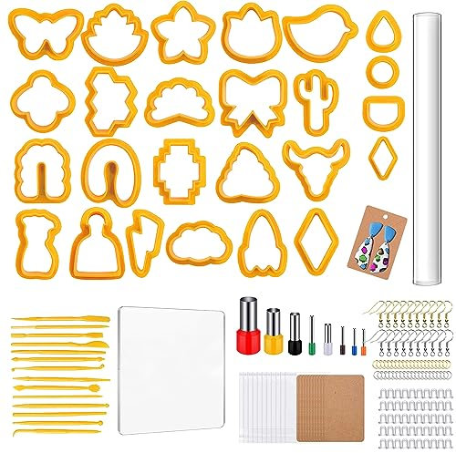 Allazone Set di formine per argilla polimerica, 219 pezzi, con rullo per argilla acrilica, biglietti per orecchini, ganci per la creazione di gioielli (arancione)