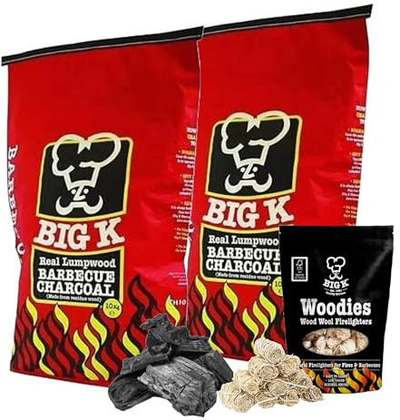Big K BBQ Grill Charcoal Bulk - Pack of 2 x 10kg Real Lumpwood Charcoal Bags with 300g Woodies Natural Firelighters & Topline Card for Outdoor Barbeque, Fire Pit, Camping BBQs.