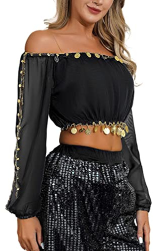 TiaoBug Damen Bauchtanz Kostüm Oberteil mit Münzen Schulterfrei Tunika Shirts Kurz Bauchfrei Crop Top Belly Dance Outfits
