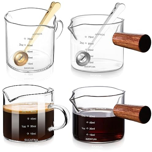 4Pcs 75ml Double Spouts Measuring Cup, Espresso Shot Glass with Wood Handle, Measuring Triple Pitcher Milk Cup with Dual Scale, Barista's Accessories for 2oz Clear Mini Measuring Cup Glass with Spoon