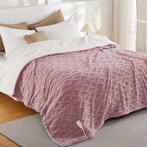 CAROMIO Electric Blanket King Size Dual Control - Thick Tufted Sherpa Heated Blanket King with 10 Heating Levels and 10 Time Settings, ETL Certified Fast Heating Blanket King Size 90×100, Dusty Pink