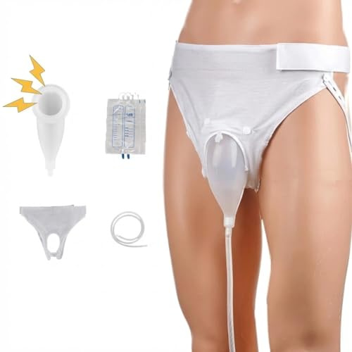 Orinal para hombres mayores, material de silicona portátil con bolsa de recolección de orina, sistema de drenaje urinario, agradable a la piel e inodoro, viene con pantalones espaciosos y 2 bolsas de