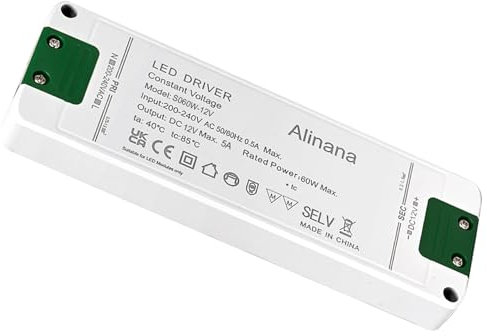 Alinana LED Trafo 230V auf 12V, 60W 5A Konstantspannungs Netzteil, Ultradünner Transformator 230V auf 12V, Kein Flackernled LED-Treiber für MR11 G4 MR16 GU5.3 LED-Birnen