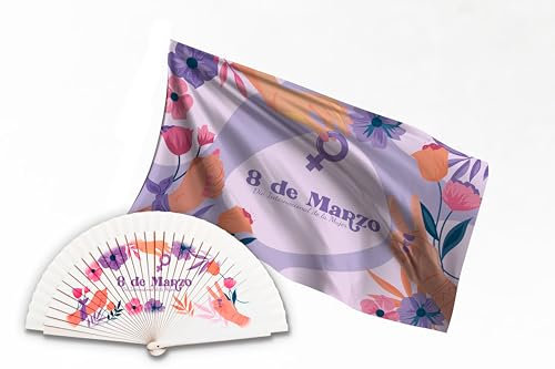 Pack Balconera con Abanico Día Internacional de la Mujer Flores 8M. Decoración exterior 70x100 cm. Tela impresa Día de la Mujer 8M. Abanico Día de la Mujer Flores. Abanico barato de madera blanco.